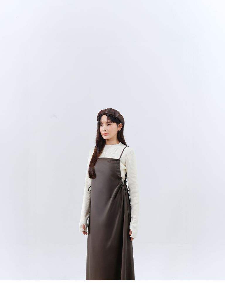 サイドギャザー キャミワンピース レザ  2色展開