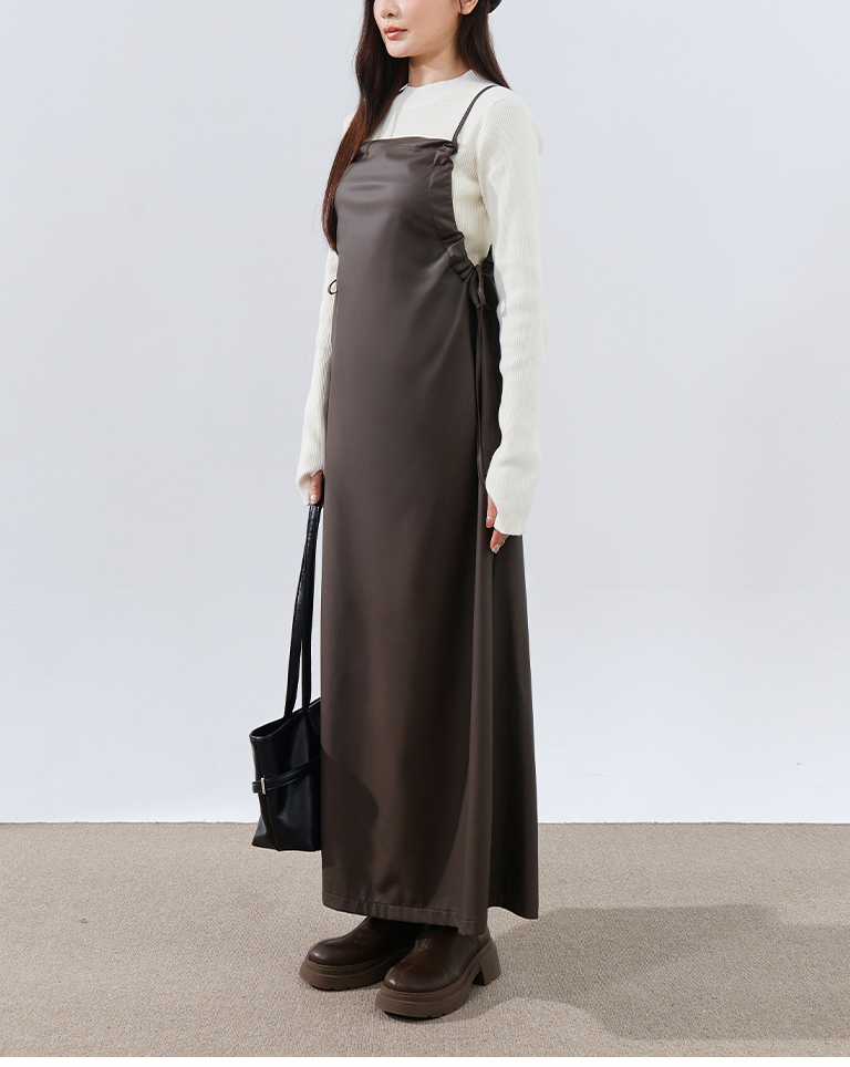 サイドギャザー キャミワンピース レザ  2色展開