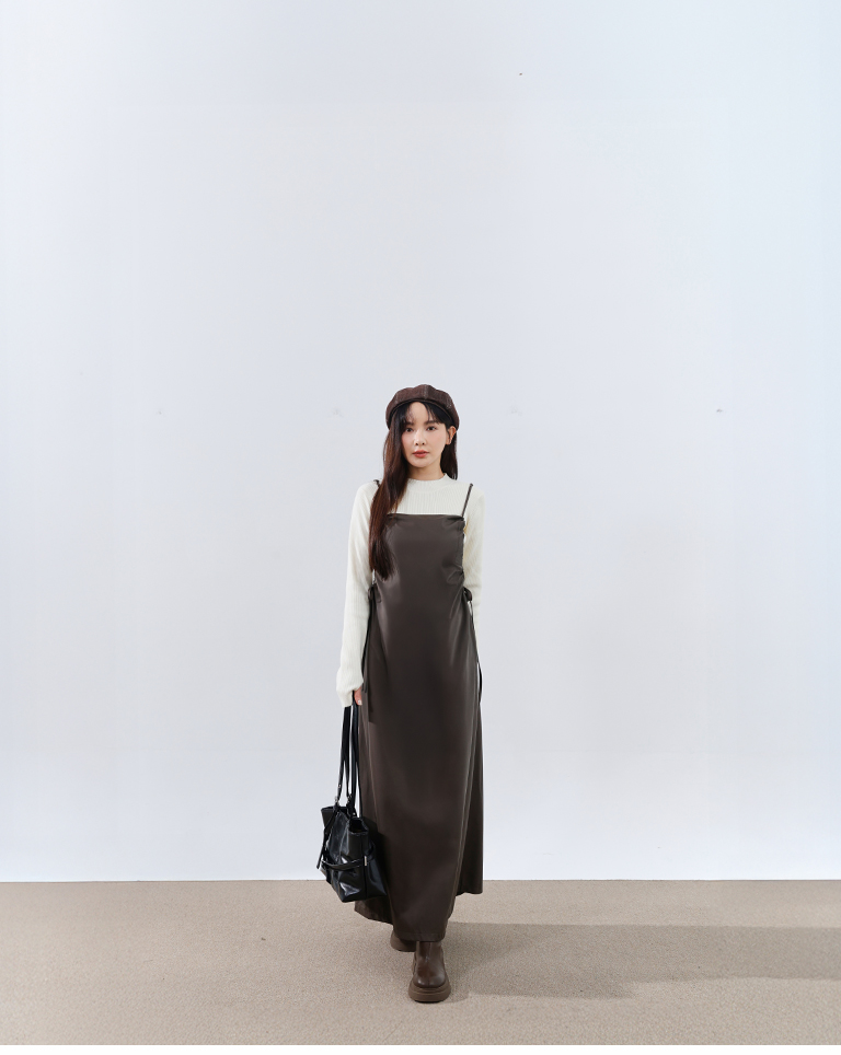 サイドギャザー キャミワンピース レザ  2色展開