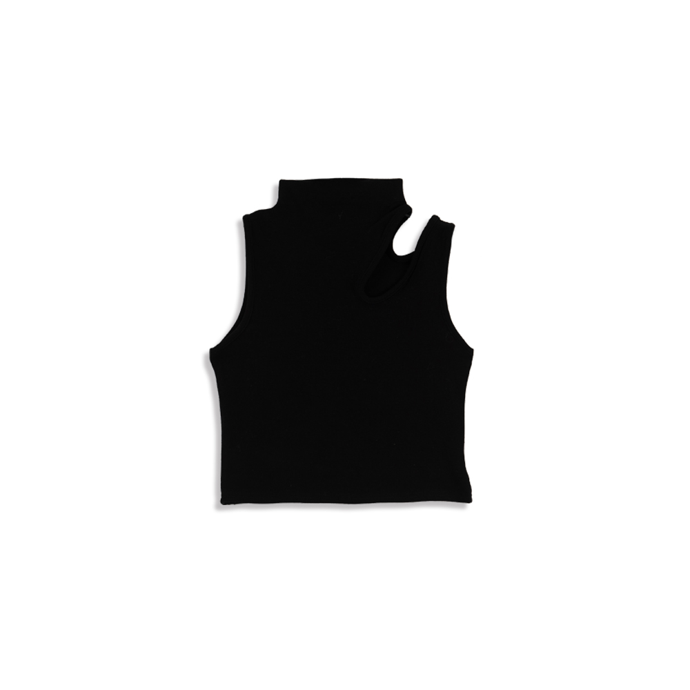 Fitted vest with stand-up collar and cut-out shoulders, sold in