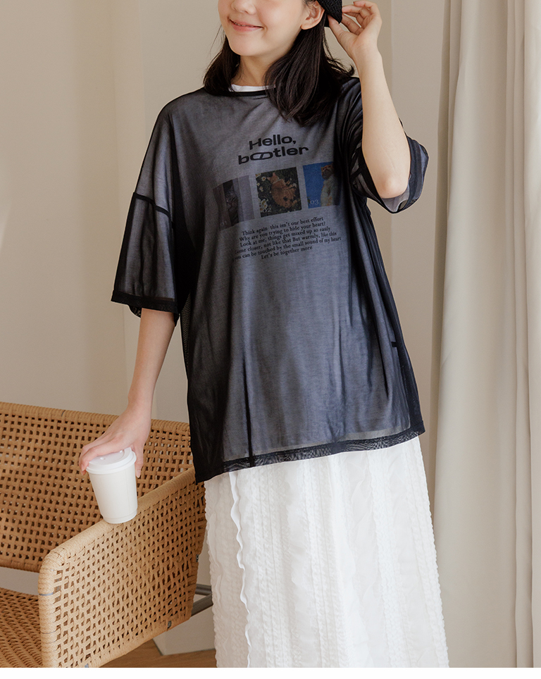 Side slit sheer mesh drop shoulder wide top three colors for